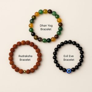 Dhan Aakarshan Combo showing three bracelets – Rudraksha, Dhan Yog, and Evil Eye – on a cream background