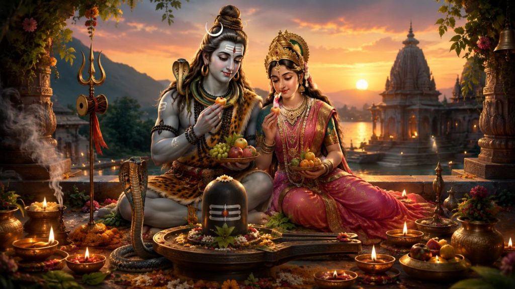 Lord Shiva and Goddess Parvati during Shani Pradosh Vrat with Shivling, Pradosh Puja rituals and sacred offerings for Pradosh Vrat June 2026.